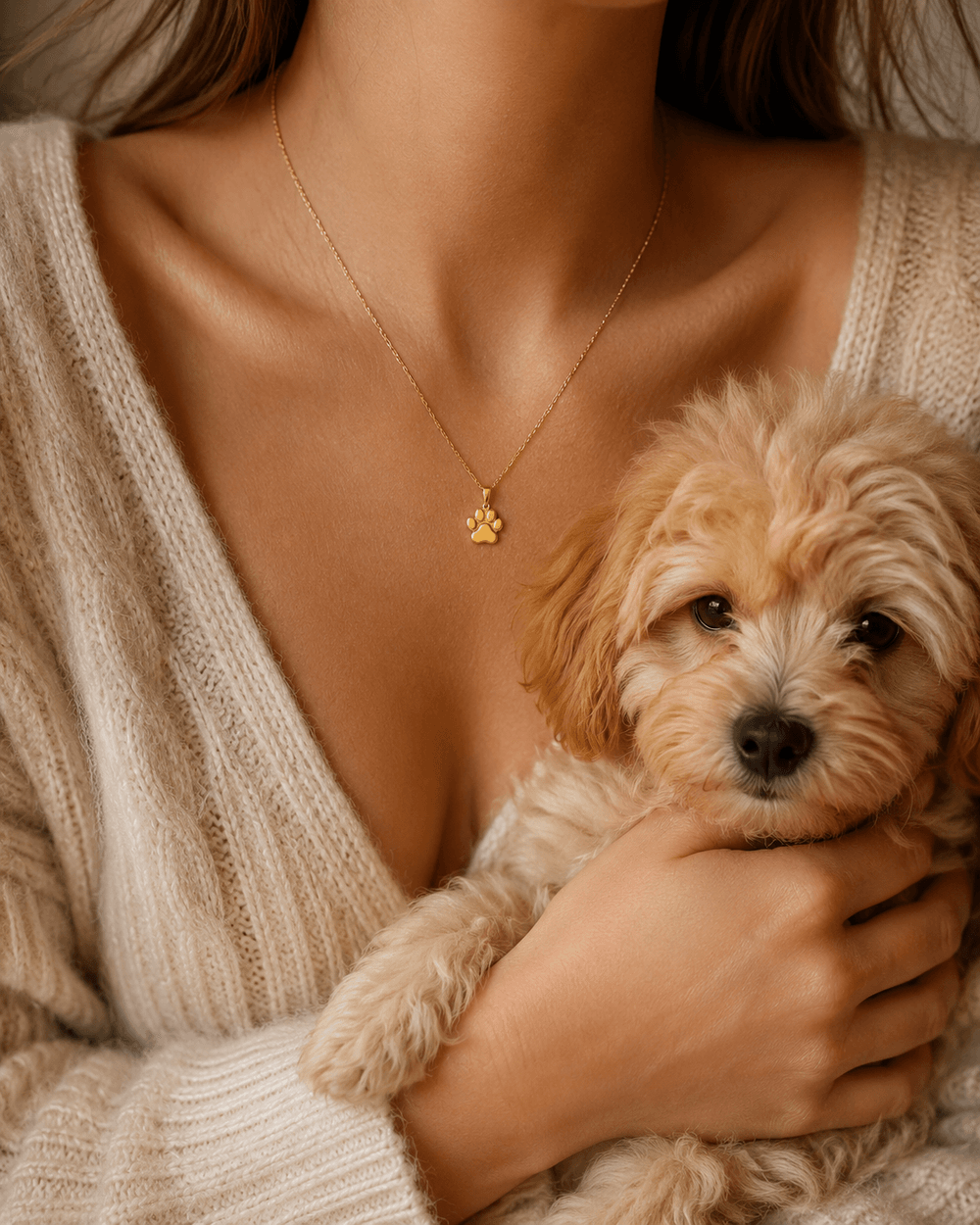 mypetlaboのペット足跡ペンダントを着けた女性と子犬